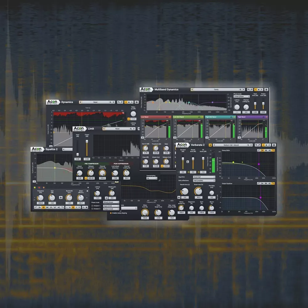 Plug-ins Dynamics, Limit, Equalize 2, Multiband Dynamics y Verberate 2 de la Mix & Mastering Suite