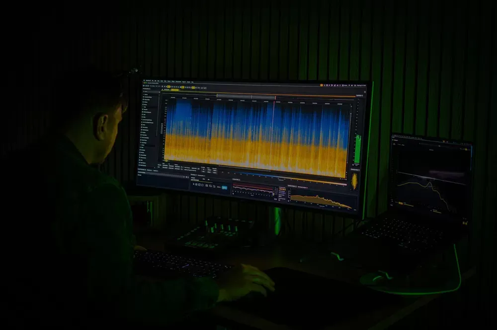 Acoustica 8 abierto en el monitor de un estudio con el espectrograma a pantalla completa