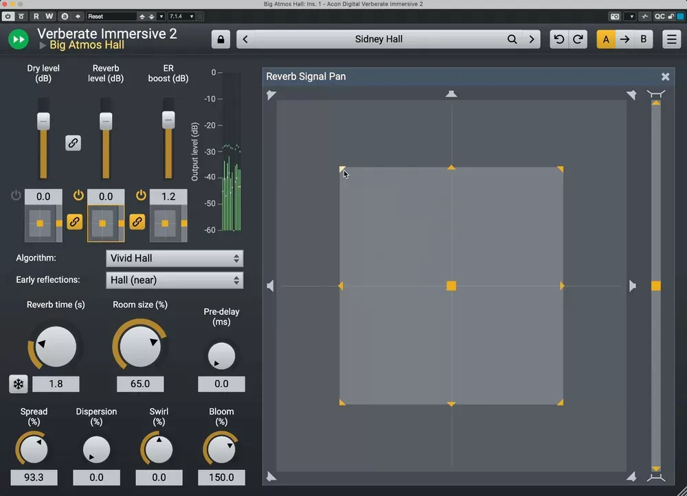 Verberate Immersive 2 con el panel de paneo de la reverb en formato 7.1.4