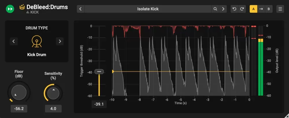 Interfaz de Acon Digital DeBleed:Drums con umbral de disparo y visualización