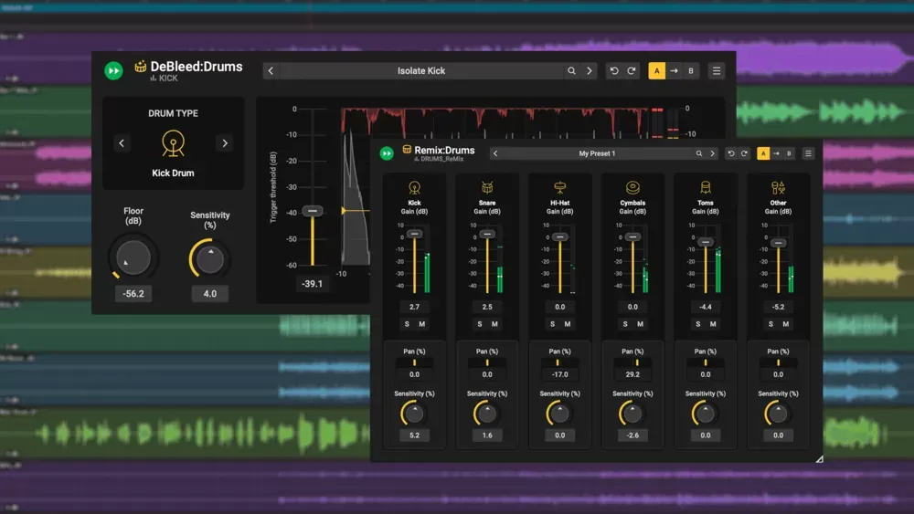 Acon Digital DeBleed:Drums y Remix:Drums abiertos sobre una sesión con pistas de batería