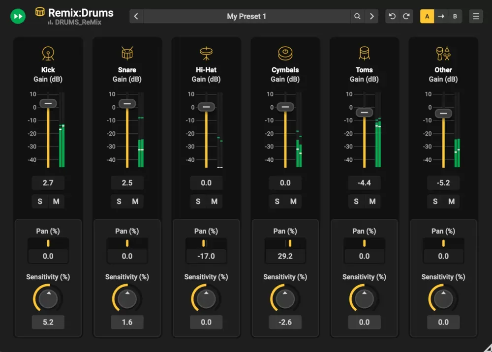 Interfaz de Acon Digital Remix:Drums con los seis stems de batería