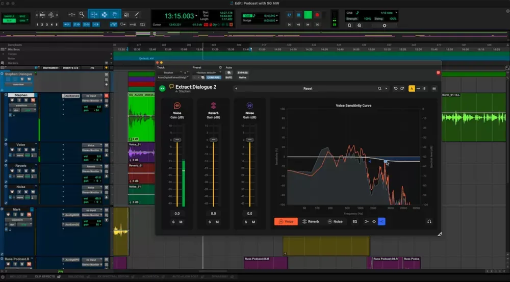 Sesión de Pro Tools con los stems de voz, reverb y ruido de Extract:Dialogue 2