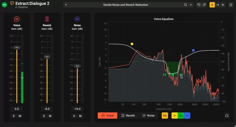 Extract:Dialogue 2 con los faders de Voice, Reverb y Noise y el ecualizador de voz