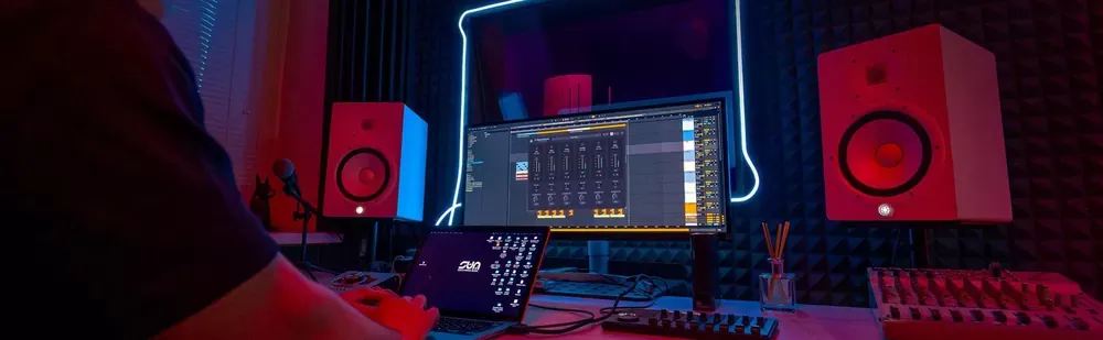 Productor en su estudio con Acon Digital Remix:Drums abierto en el monitor