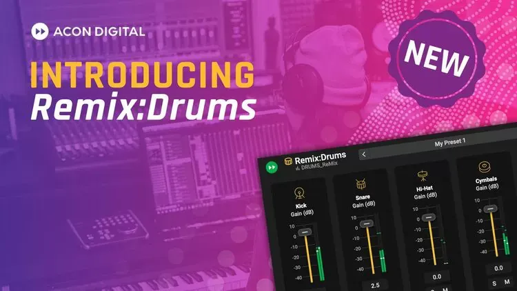 Presentación de Acon Digital Remix:Drums con los canales de bombo, caja, hi-hat y platillos