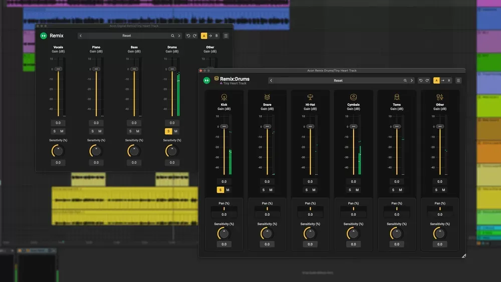 Acon Digital Remix y Remix:Drums abiertos sobre una sesión de DAW