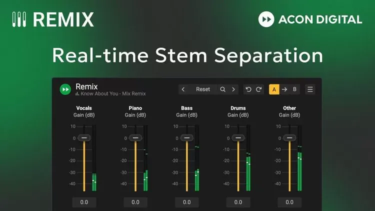 Interfaz de Acon Digital Remix con los faders de voz, piano, bajo, batería y otros