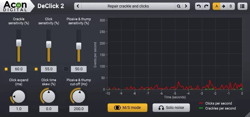 Interfaz de Acon Digital DeClick 2 con sensibilidad de crepitar, clics y golpes
