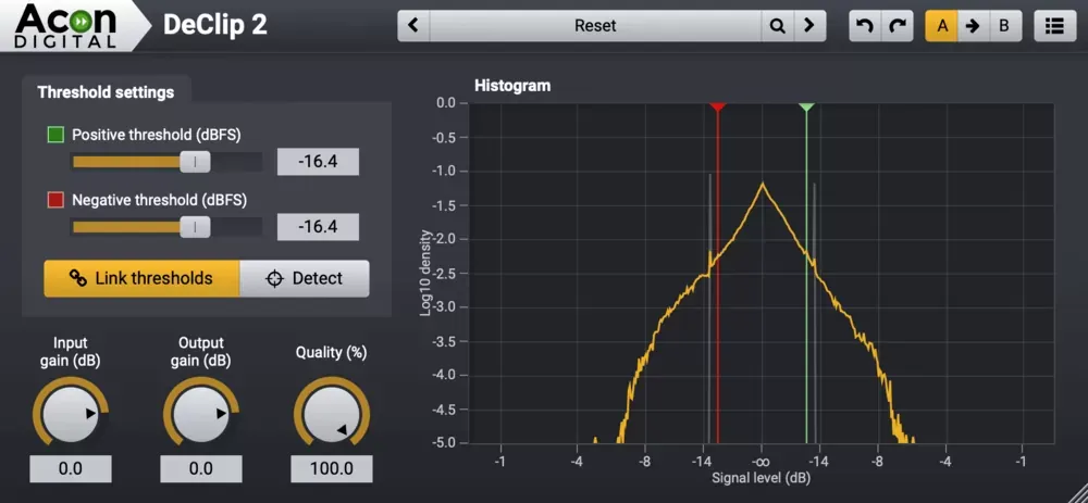 Interfaz de Acon Digital DeClip 2 con umbrales e histograma de niveles