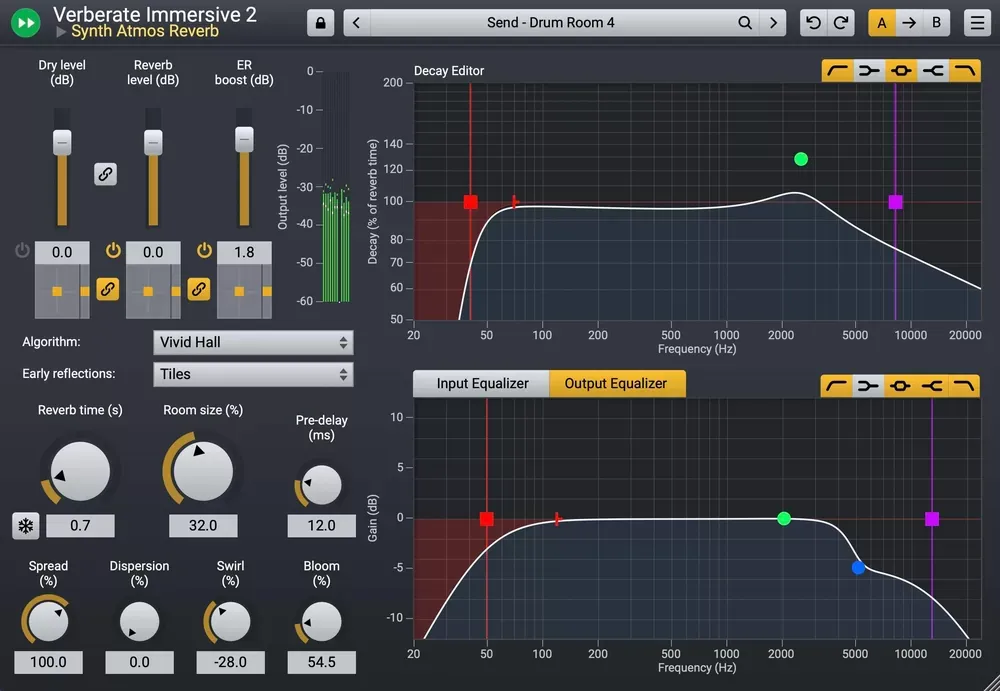 Interfaz de Acon Digital Verberate Immersive 2 con un preset de reverb Atmos y el ecualizador de salida