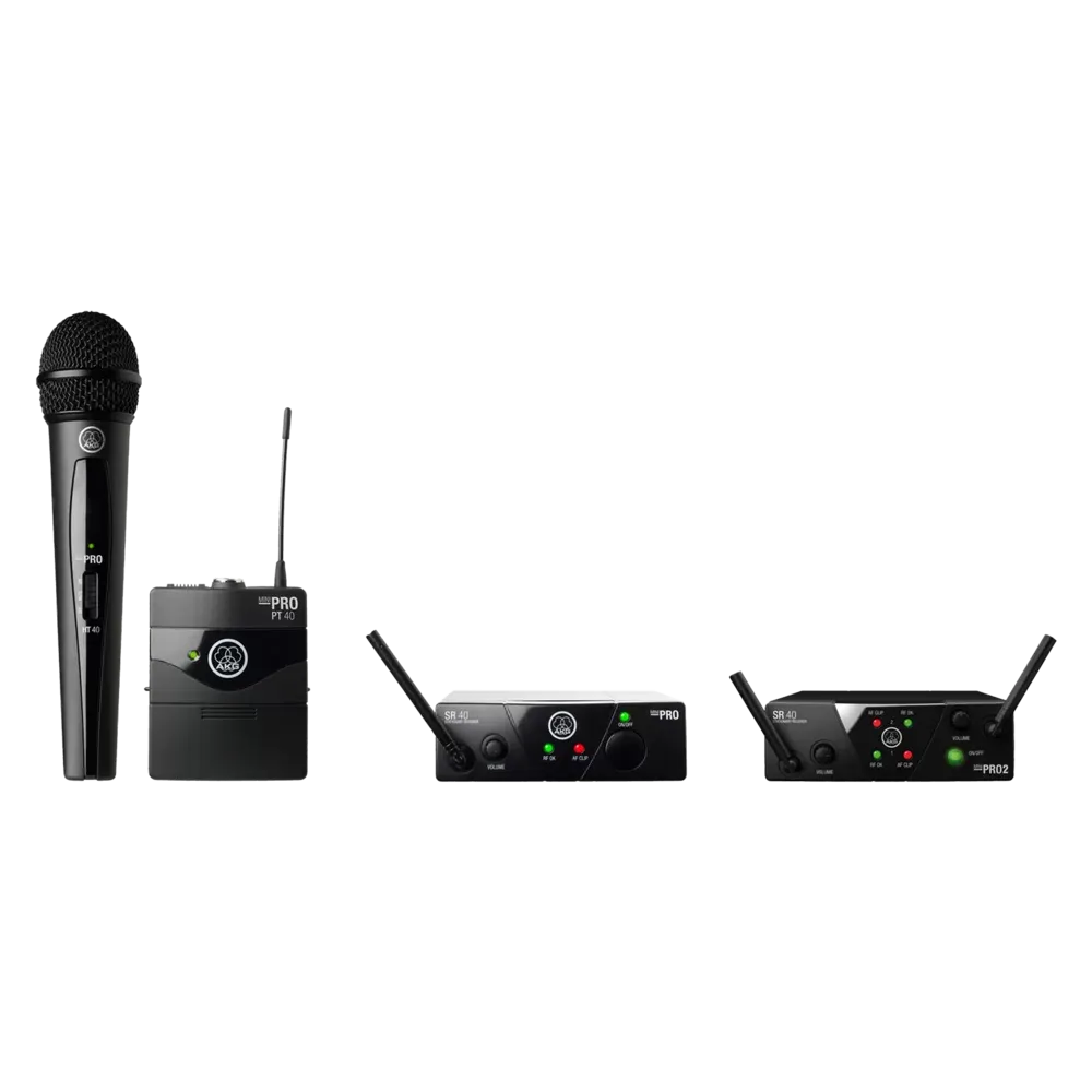 Familia AKG WMS40 Mini: micrófono HT40, petaca PT40 y receptores simple y doble