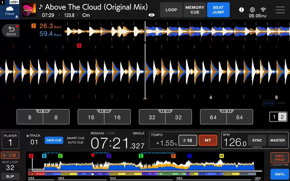 Panel de Beat Jump en la pantalla del CDJ-1500X con saltos de 8, 16, 32 y 64 beats