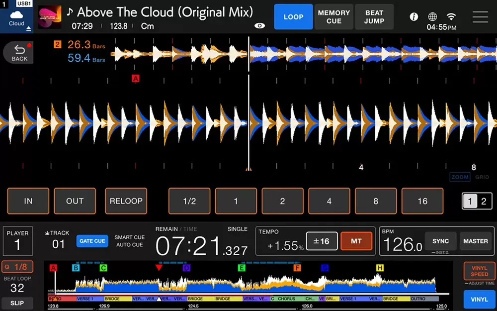 Panel de Loop en la pantalla del CDJ-1500X con IN, OUT, RELOOP y valores de beat loop