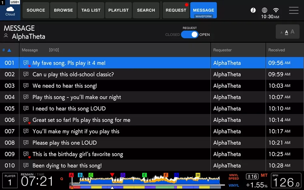 Pantalla MESSAGE del CDJ-1500X con los mensajes del público recibidos por CoBeat