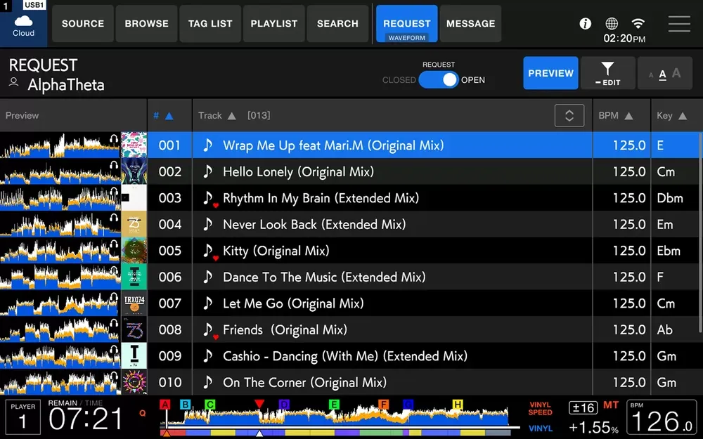 Pantalla REQUEST del CDJ-1500X con los pedidos de canciones enviados por el público vía CoBeat