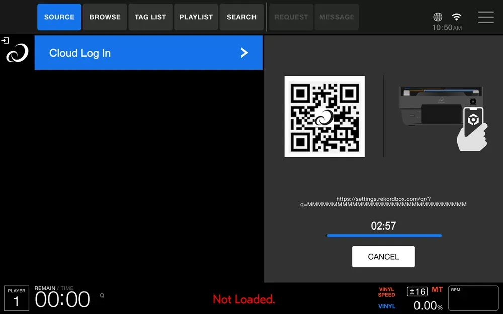 Pantalla de login por código QR del CDJ-1500X para acceder a la nube y al streaming