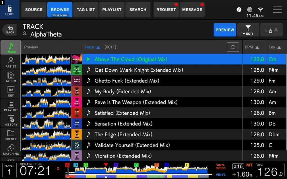 Pantalla BROWSE del CDJ-1500X con la lista de pistas, forma de onda, BPM y tonalidad
