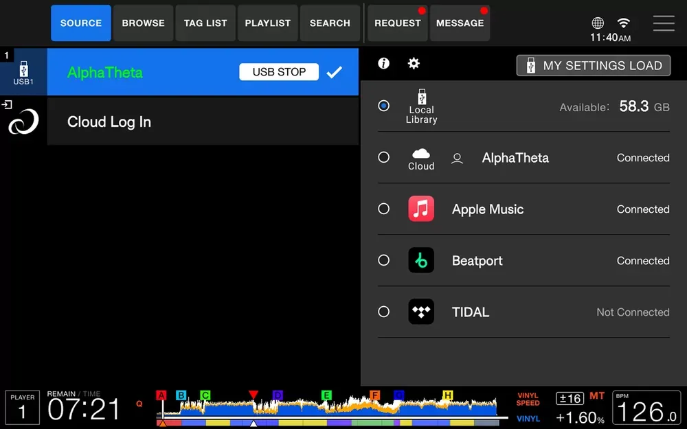 Pantalla SOURCE del CDJ-1500X con biblioteca local, nube, Apple Music, Beatport y TIDAL