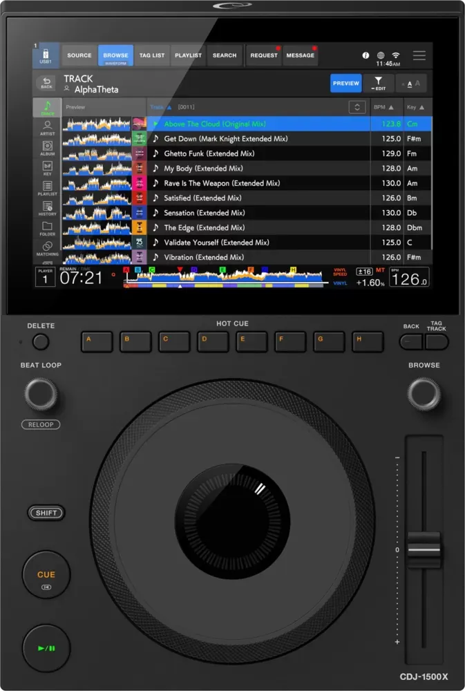 Pantalla táctil del CDJ-1500X en modo BROWSE con formas de onda y pedidos CoBeat