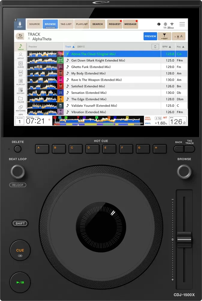 CDJ-1500X con la pantalla táctil en modo claro, para tocar en ambientes iluminados