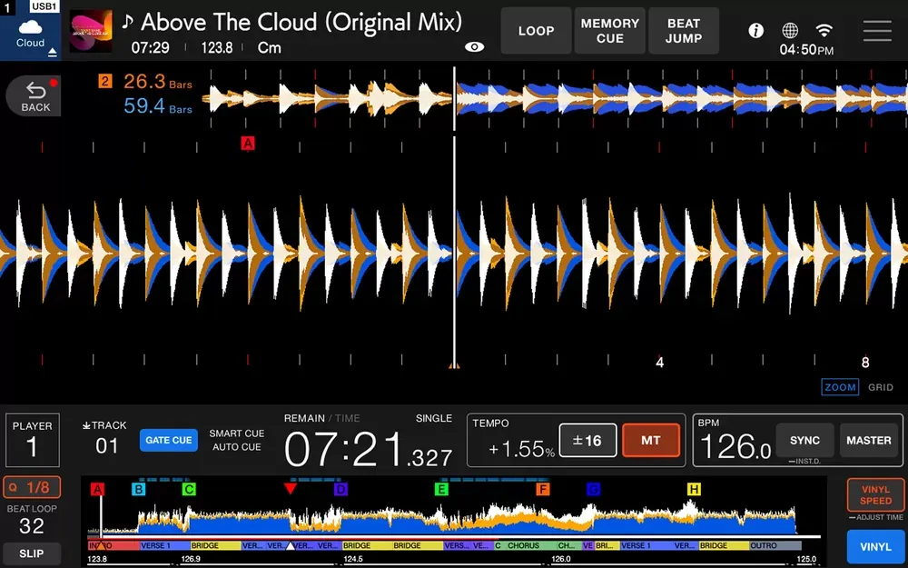 Pantalla WAVEFORM del CDJ-1500X con forma de onda ampliada, cues y loops
