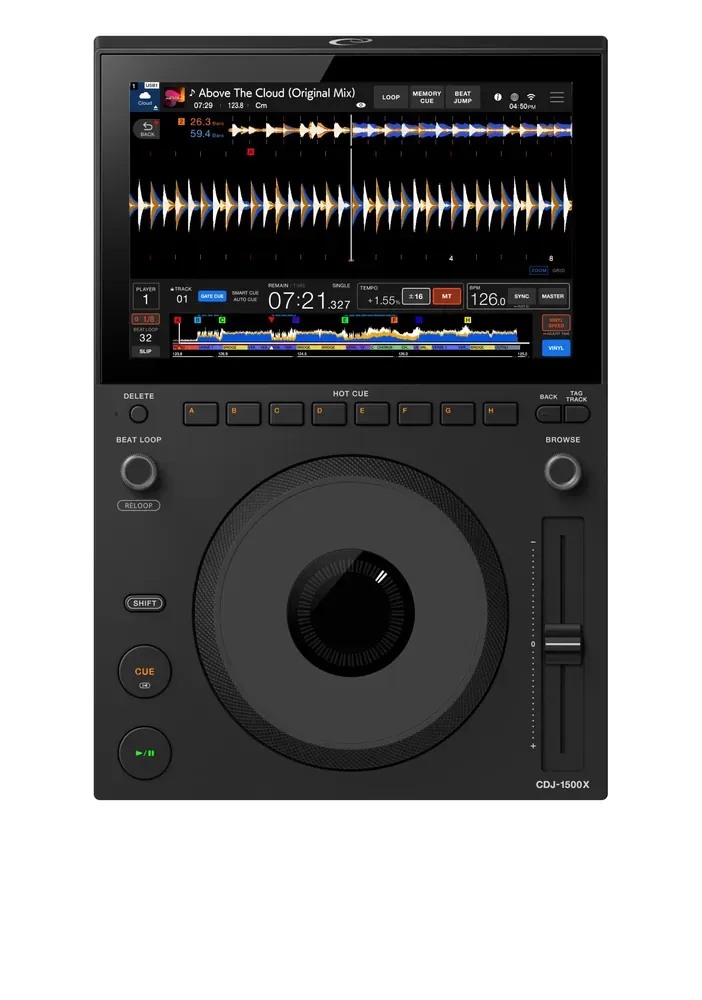 Vista superior del AlphaTheta CDJ-1500X: pantalla táctil, 8 pads de Hot Cue A-H y rueda jog