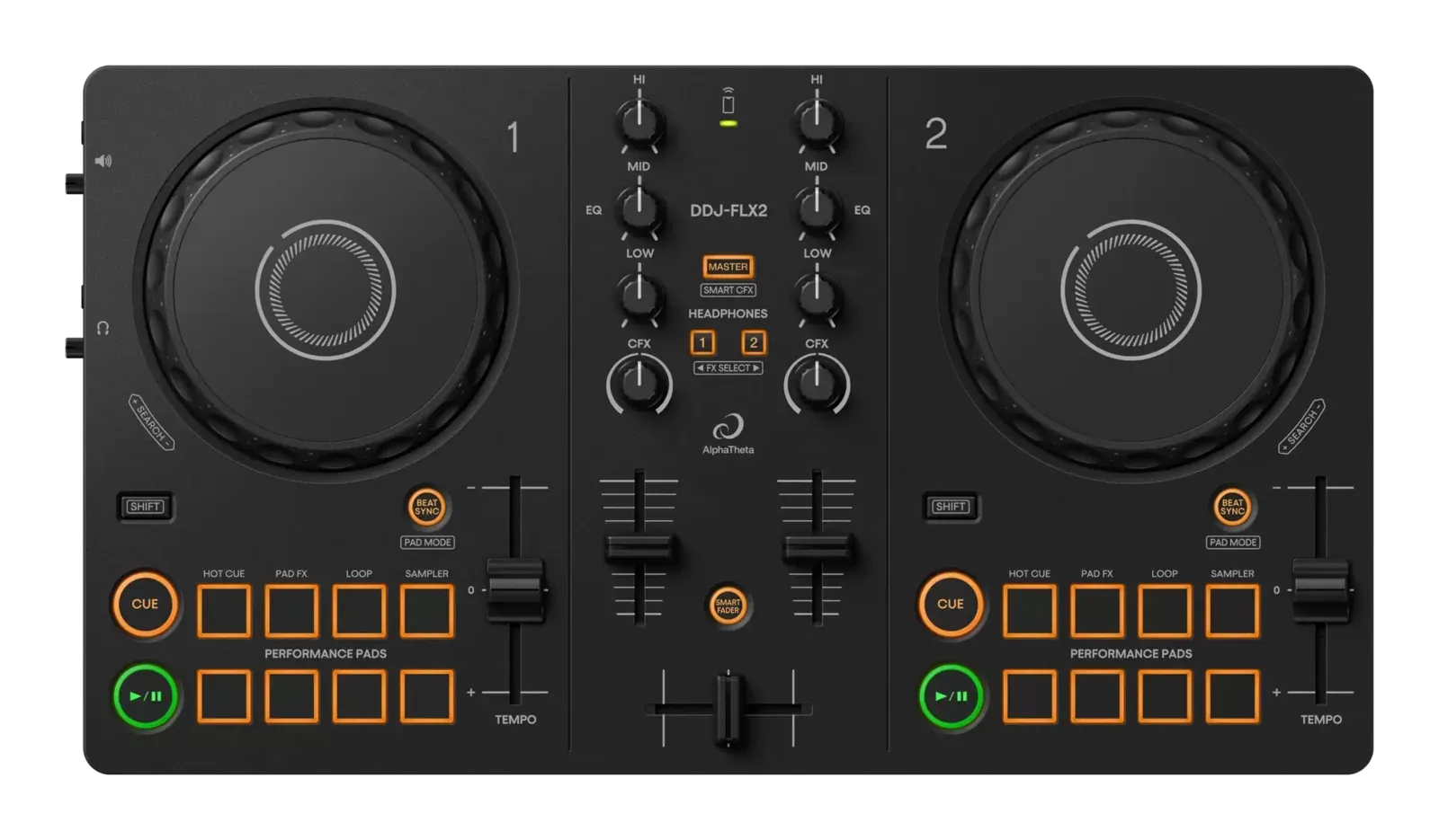 Vista superior del DDJ-FLX2 con jogs, EQ de 3 bandas y 8 pads por deck