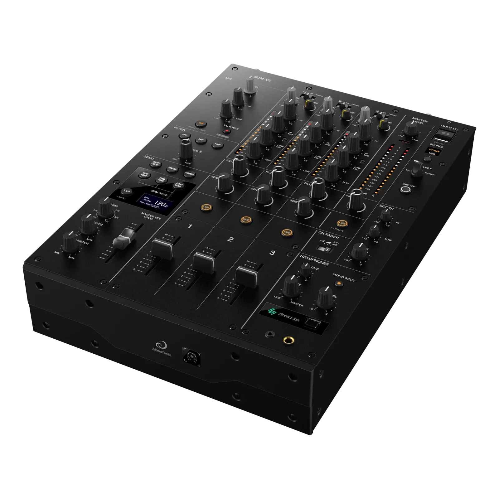 AlphaTheta DJM-V5, mixer DJ profesional de 3 canales, vista en perspectiva