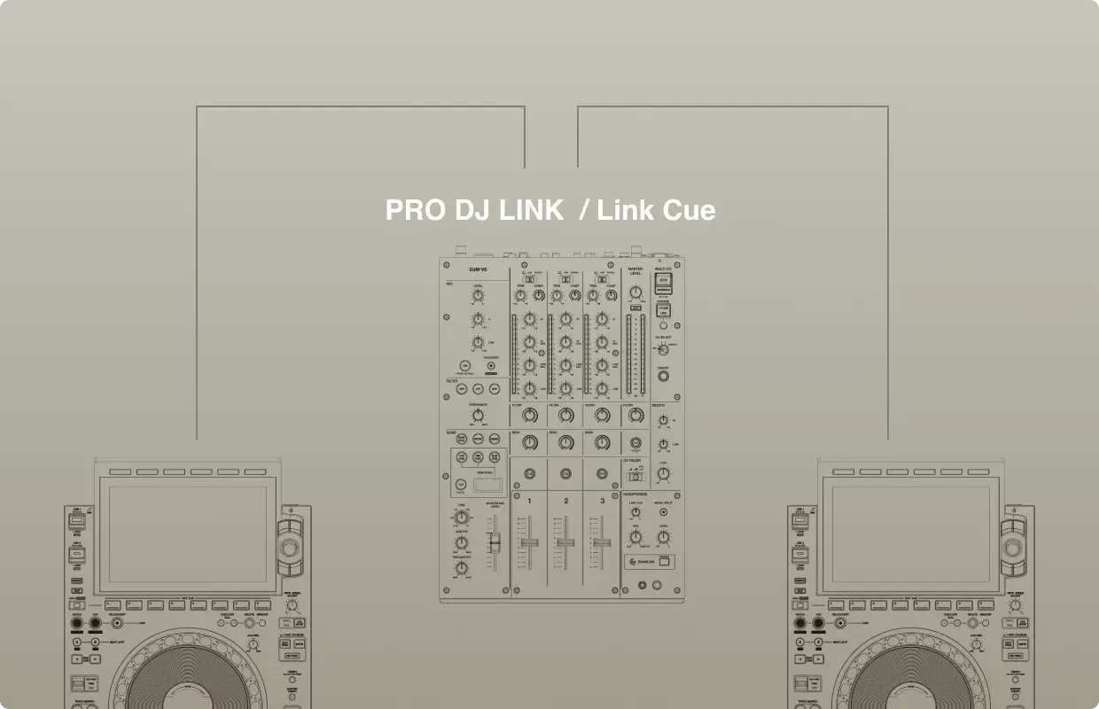 DJM-V5 conectado por PRO DJ LINK y Link Cue con reproductores CDJ