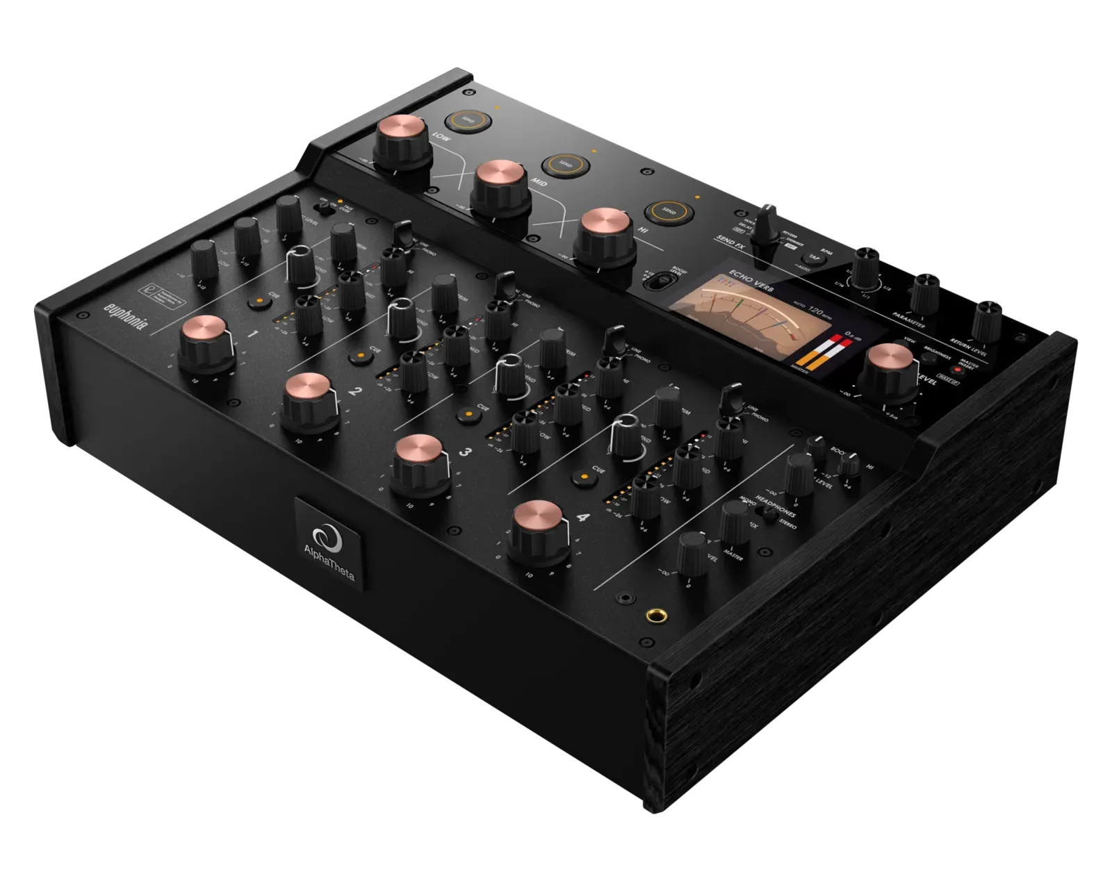 AlphaTheta Euphonia, mixer DJ rotativo de 4 canales, vista en perspectiva