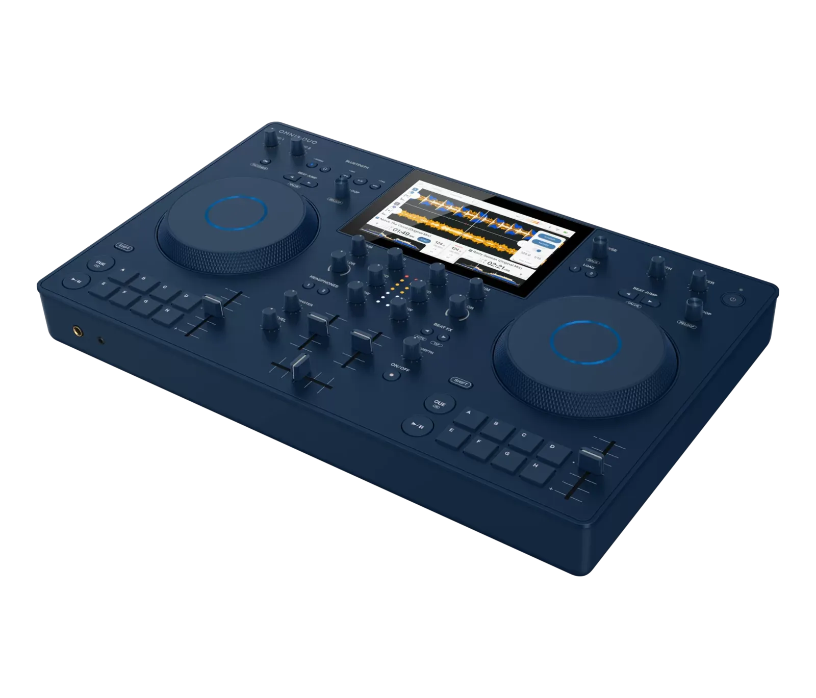 AlphaTheta OMNIS-DUO Indigo, sistema DJ todo en uno portátil, vista en perspectiva
