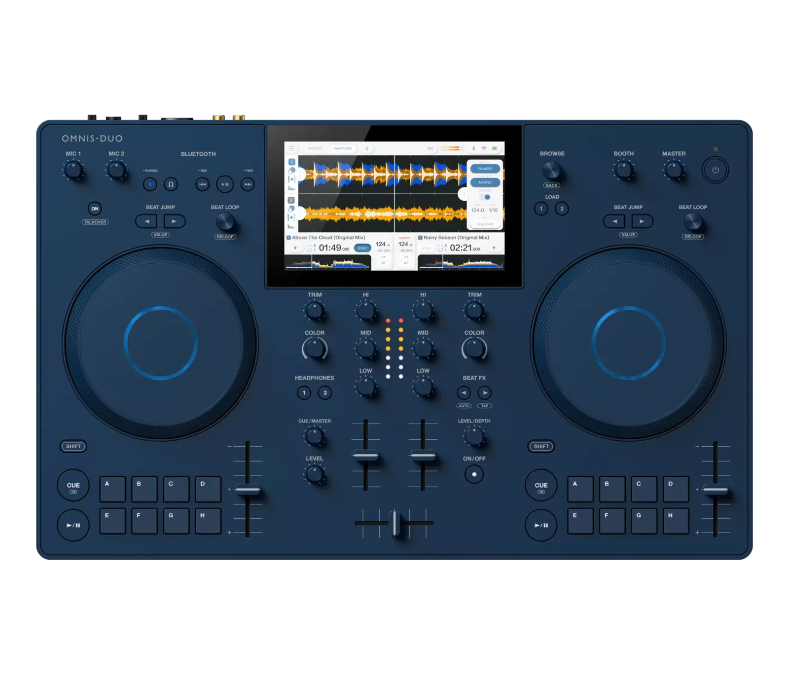 Vista superior del OMNIS-DUO Indigo con jogs, pantalla y mixer de 2 canales