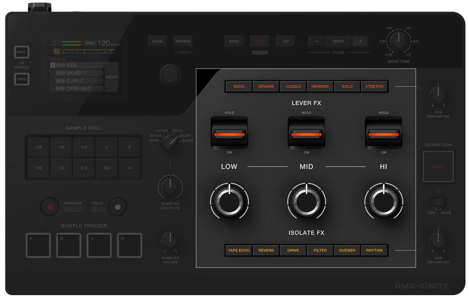Sección de efectos del AlphaTheta RMX-IGNITE: Lever FX, 3 bandas e Isolate FX