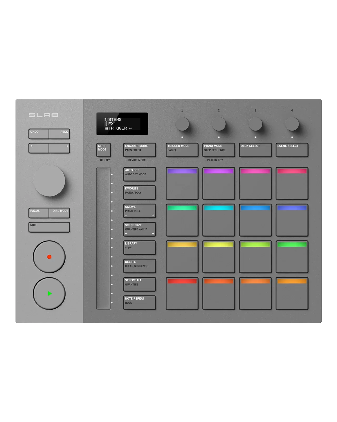 Panel superior del AlphaTheta SLAB con pads RGB, touch strip y encoders