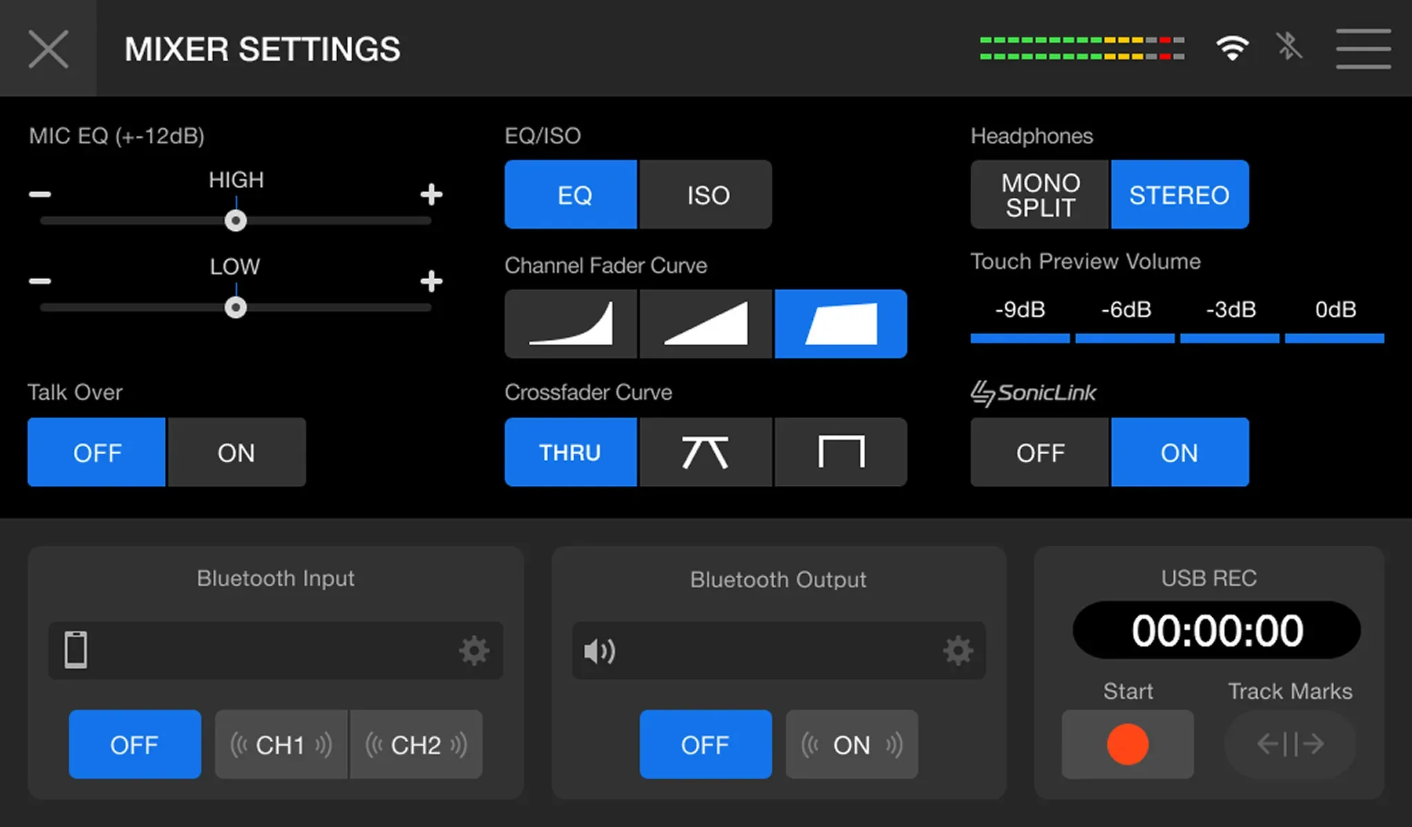 Ajustes de mixer del XDJ-AN con entrada y salida Bluetooth y grabación USB