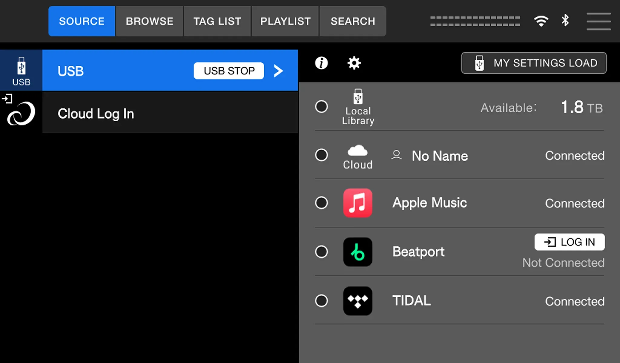 Pantalla del AlphaTheta XDJ-AN mostrando las fuentes de música: USB, nube, Apple Music, Beatport y TIDAL
