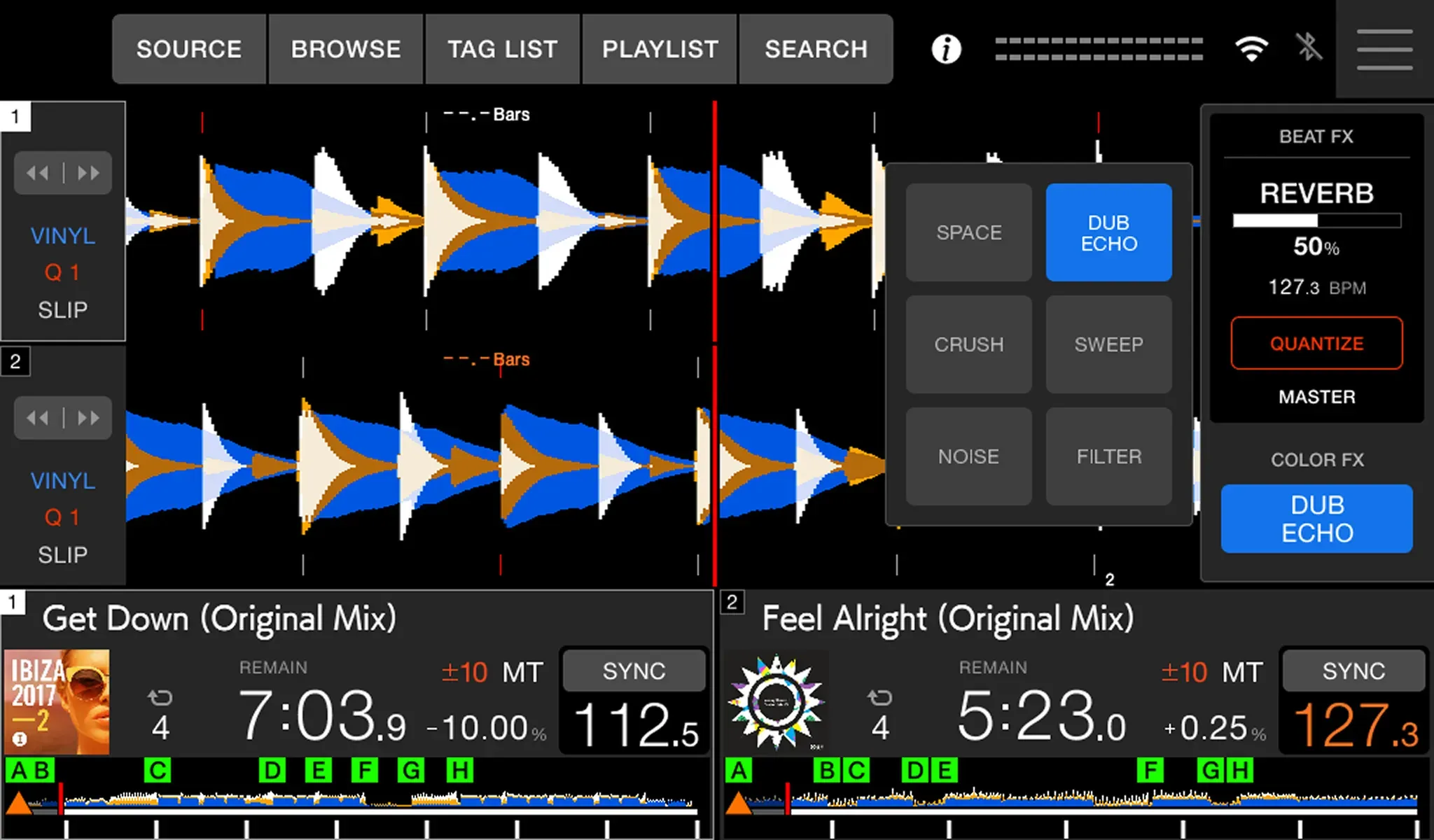 Panel de Sound Color FX en la pantalla del AlphaTheta XDJ-AN
