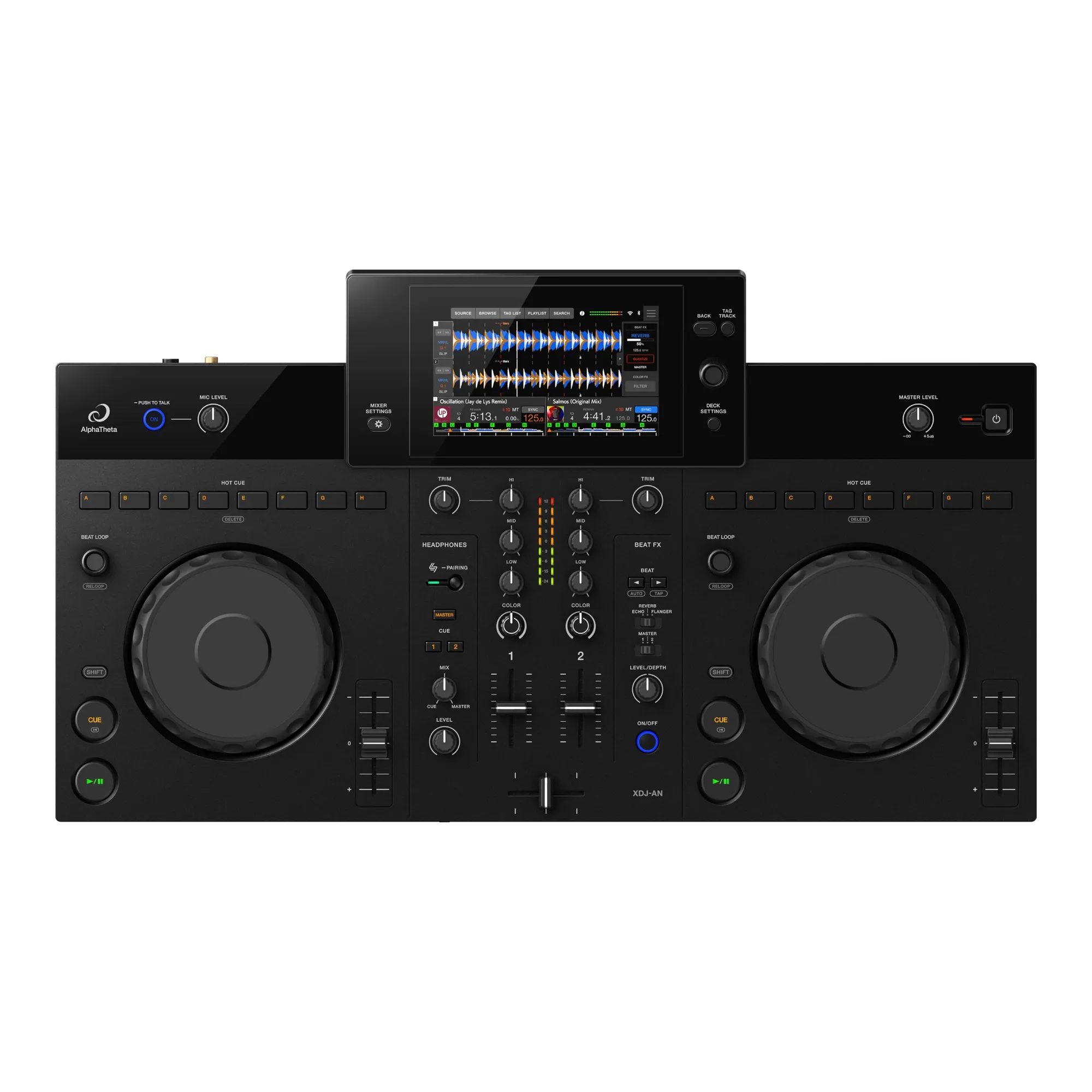 Vista superior del AlphaTheta XDJ-AN con sus dos decks, jogs de 132 mm y mixer central