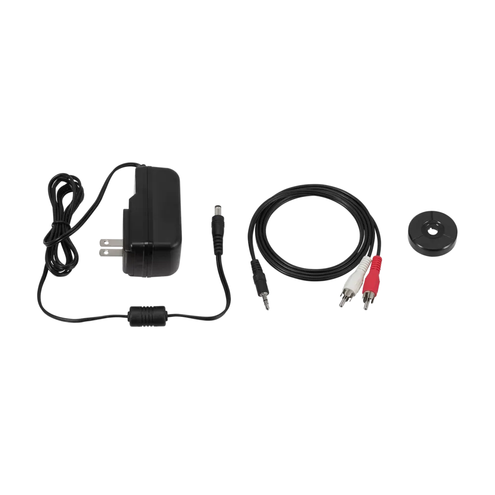 Accesorios incluidos con el AT-LP60X: fuente, cable RCA y adaptador de 45 rpm