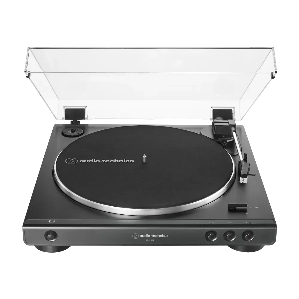 Tornamesa Audio-Technica AT-LP60X negra con la tapa abierta