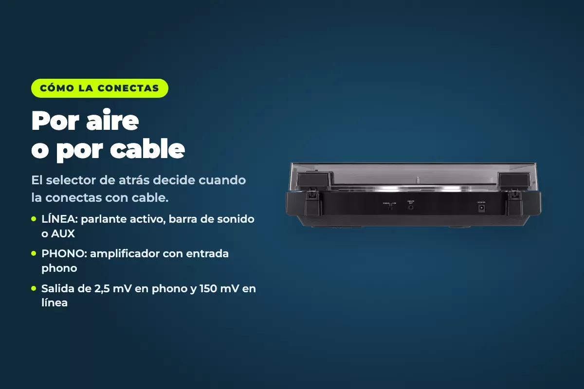 Conexiones traseras del AT-LP60XBT con el selector phono y línea