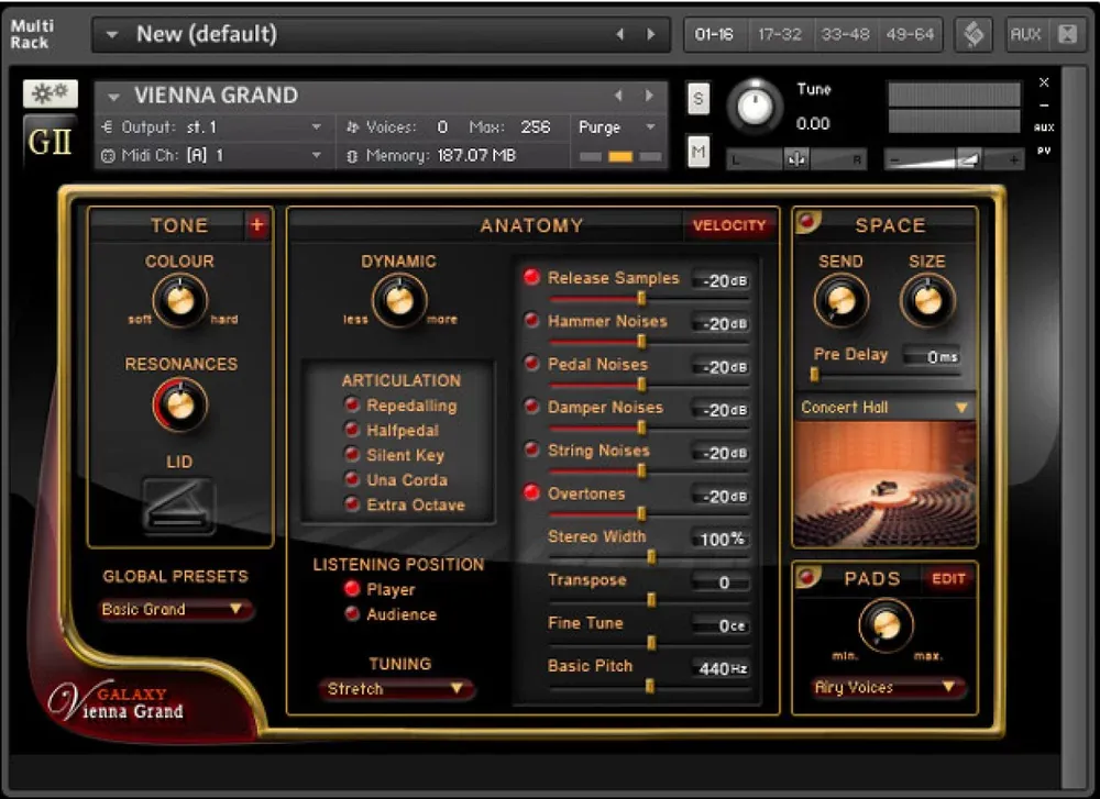 Interfaz de Galaxy III Pianos