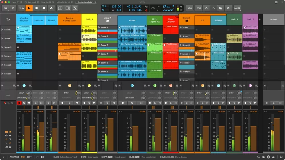 Bitwig Studio DAW, vista de arreglo y mixer