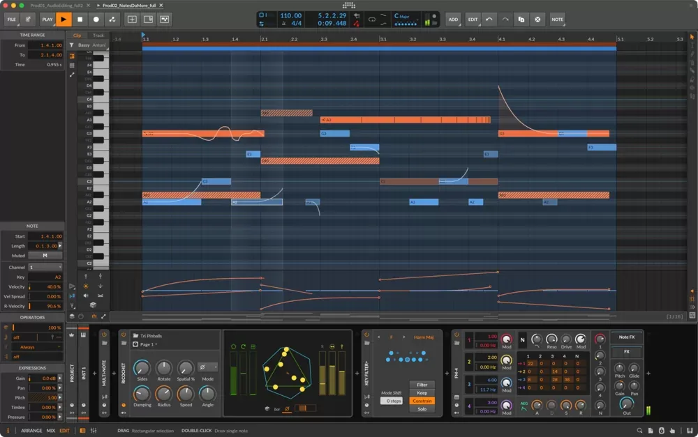 Edición de notas y piano roll de Bitwig Studio