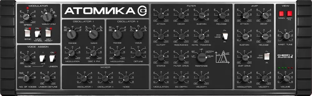Vista de controles de síntesis de Cherry Audio Atomika: osciladores, mezclador y filtro con Starve y Filter Drive