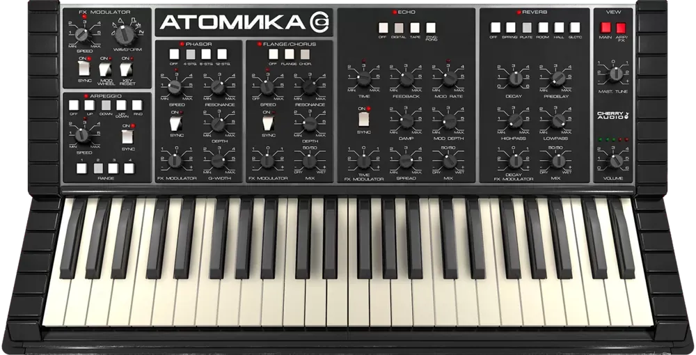 Panel Arp/FX de Cherry Audio Atomika con arpegiador y efectos Phasor, Flange/Chorus, Echo y Reverb