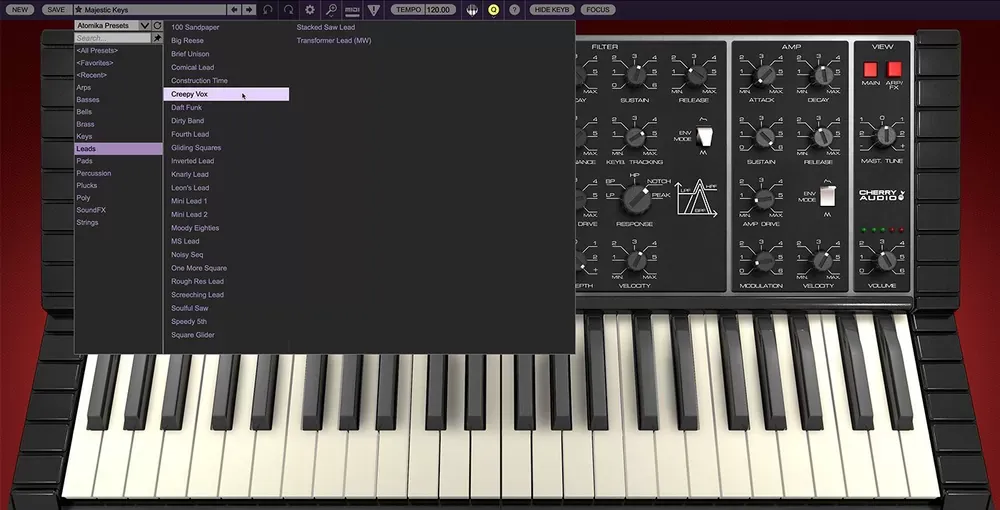Explorador de más de 350 presets de Cherry Audio Atomika por categorías con opción de ocultar teclado