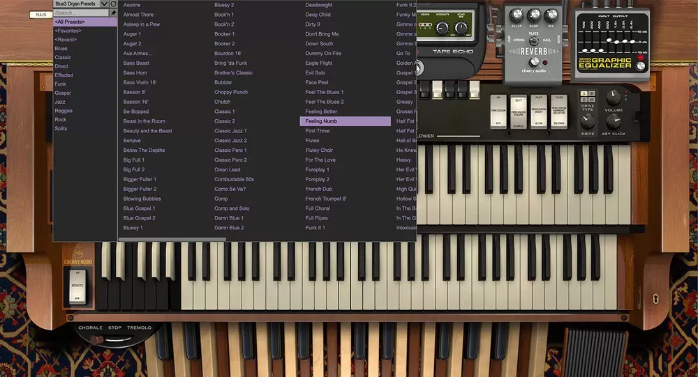 Explorador de presets de Cherry Audio Blue3 por categorías junto a los efectos Tape Echo, Reverb y ecualizador gráfico