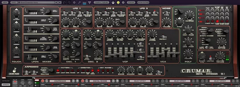 Panel superior con LFOs, osciladores, VCF y VCA del Cherry Audio Crumar DS-2
